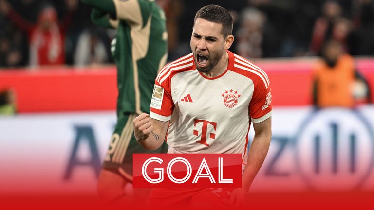 Bayern's Raphael Guerreiro celebrates after scoring the first goal of the game during the German Bundesliga soccer match between Bayern Munich and Union Berlin at the Allianz Arena in Munich, Germany, Wednesday, Jan. 24, 2024. 