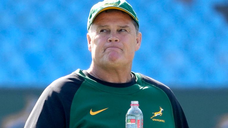 South Africa's director of rugby Rassie Erasmus watches players warming up at Loftus Versfeld stadium in Pretoria, South Africa, Friday, July 7, 2023, ahead of their Rugby Championship test against Australia scheduled for Saturday, July 8, 2023. (AP Photo/Themba Hadebe)