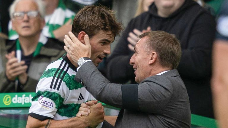 GLASGOW, SCOTLAND - AUGUST 05: Celtic manager Brendan Rodgers and Matt O&#39;Riley during a cinch Premiership match between Celtic and Ross County at Celtic Park, on August 05, 2023, in Glasgow, Scotland. (Photo by Craig Foy / SNS Group)