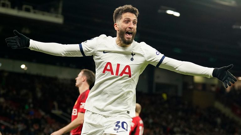 Tottenham's Rodrigo Bentancur celebrates after scoring his side's second goal (AP)