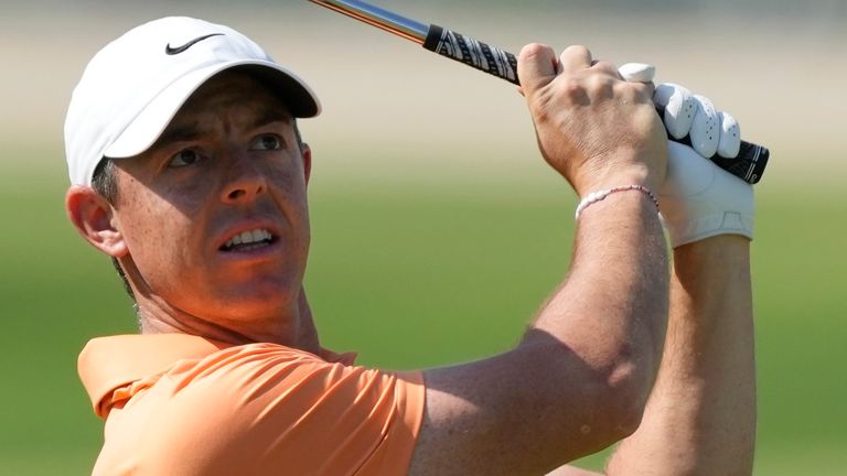 Rory McIlroy of Northern Ireland plays his second shot on the 1st hole during the final round of Dubai Invitational golf tournament, in Dubai, United Arab Emirates, Sunday, Jan. 14, 2024. (AP Photo/Kamran Jebreili)