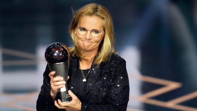 England's coach Sarina Wiegman accepts the Best Women's Coach award during the FIFA Football Awards 2023 at the Eventim Apollo in Hammersmith, London, Monday, Jan. 15, 2024. (AP Photo/Kirsty Wigglesworth)