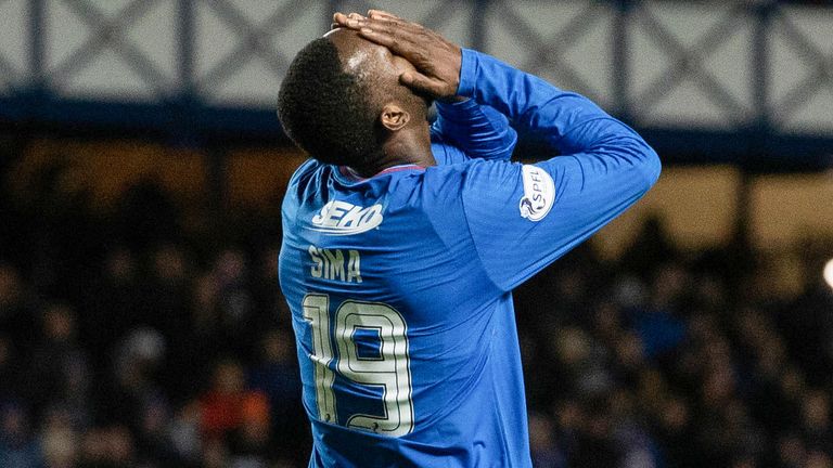 GLASGOW, SCOTLAND - DECEMBER 20: Rangers&#39; Abdallah Sima looks frustrated after missing a chance during a cinch Premiership match between Rangers and St Johnstone at Ibrox Stadium, on December 20, 2023, in Glasgow, Scotland. (Photo by Alan Harvey / SNS Group)