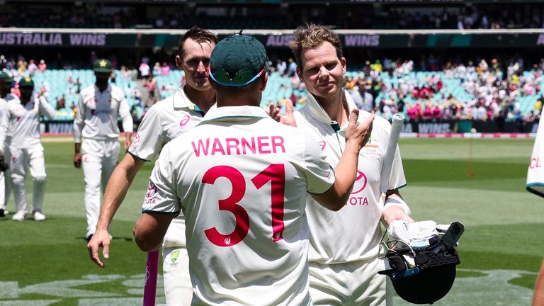 SYDNEY, AUSTRALIA - JANUARY 06: David Warner of Australia after winning the series against Pakistan 3-0 congratulates Steve Smith of Australia and Marnus Labuschagne of Australia during Day 4 of the third test match between Australia and Pakistan at the Sydney Cricket Ground on January 06, 2024 in Sydney, Australia.