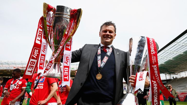 Manager Steve Cotterill of Bristol City celebrates with the League One Trophy and the Football League Trophy during the Sky Bet League One match between Bristol City and Walsall at Ashton Gate on May 3, 2015 in Bristol, England. 