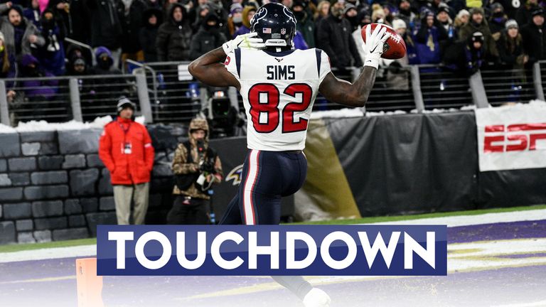 Houston Texans wide receiver Steven Sims (82) celebrates his touchdown on his punt return against the Baltimore Ravens during the first half of an NFL football AFC divisional playoff game, Saturday, Jan. 20, 2024, in Baltimore. (AP Photo/Nick Wass)