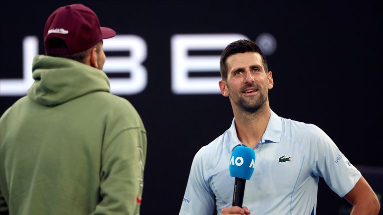 Novak Djokovic was interviewed by Nick Kyrgios following his win over Taylor Fritz in the quarter-finals of the Australian Open