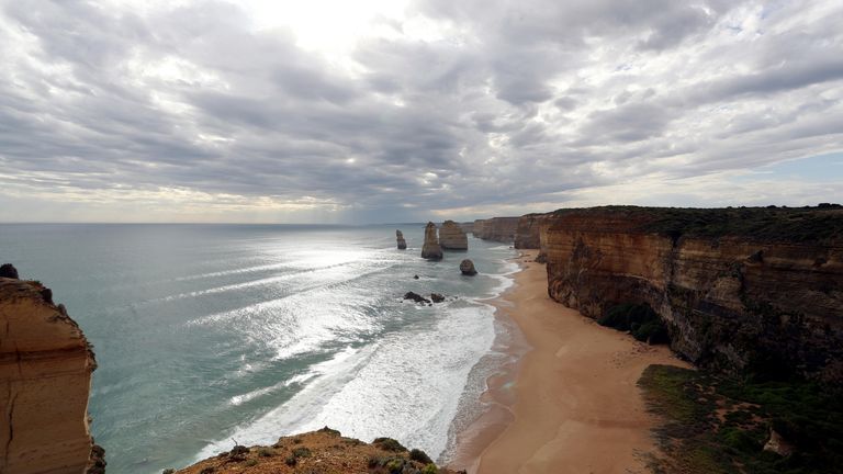 A general view of the Twelve Apostles on February 23, 2018 in Melbourne, Australia. The Twelve Apostles is a collection of limestone stacks off the shore of the Port Campbell National Park, by the Great Ocean Road. Despite the name, the popular tourist attraction actually consists of 8 pillars. (Photo by Xavier Laine/Getty Images)