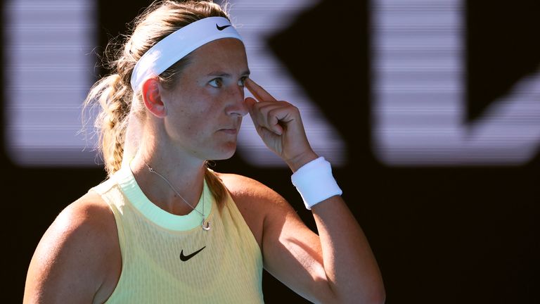 Victoria Azarenka of Belarus reacts after defeating Camila Giorgi of Italy in their first round match at the Australian Open tennis championships at Melbourne Park, Melbourne, Australia, Tuesday, Jan. 16, 2024. (AP Photo/Asanka Brendon Ratnayake)