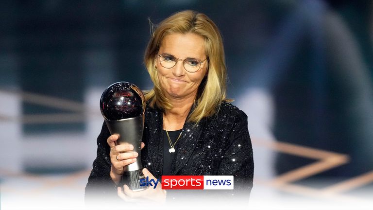 England&#39;s coach Sarina Wiegman accepts the Best Women&#39;s Coach award