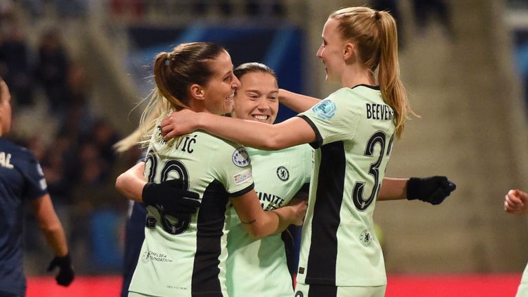 Fran Kirby celebrates with her team-mates after giving Chelsea a first-half lead in Paris