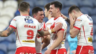 St Helens' Matt Whitley celebrates scoring their first try in the 28-0 win at Huddersfield Giants