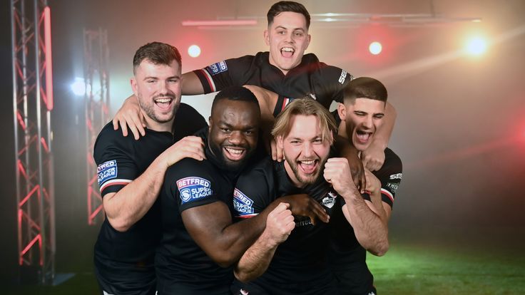 Picture by Simon Wilkinson/SWpix.com - 09/01/2024 - Rugby League - Betfred Super League 2024 Promo Shoot - The Stage Studio, Leeds University, Leeds - London Broncos, Alex Walker, Bill Leyland, James Meadows, Rob Butler and Sadiq Adebiyi