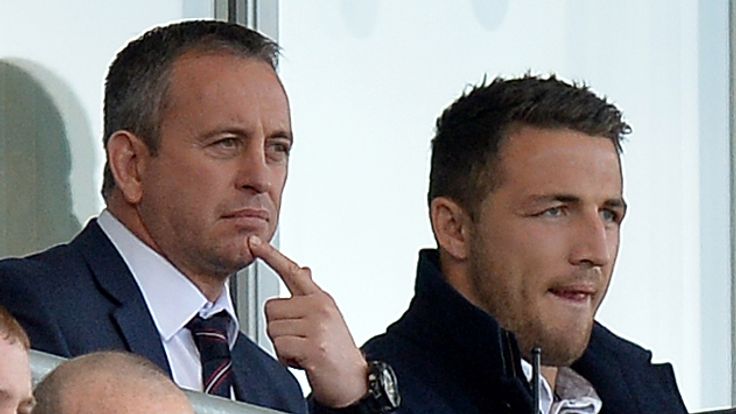 Sam Burgess (right) sits next to England coach Steve McNamara during the International Test match at Leigh Sports Village. PRESS ASSOCIATION Photo. Picture date: Saturday October 24, 2015. See PA story RUGBYL England. Photo credit should read: Martin Rickett/PA Wire. RESTRICTIONS: Editorial use only. No commercial use. No false commercial association. No video emulation. No manipulation of images. 