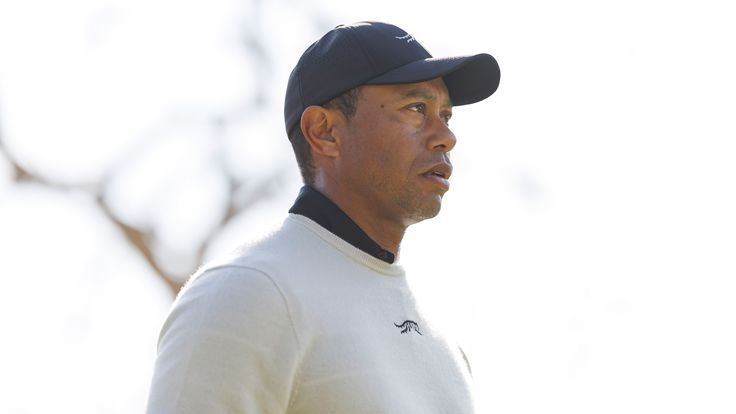 Tiger Woods looks on from the second hole during the first round of the Genesis Invitational golf tournament at Riviera Country Club, Thursday, Feb. 15, 2024, in the Pacific Palisades area of Los Angeles. (AP Photo/Ryan Kang)