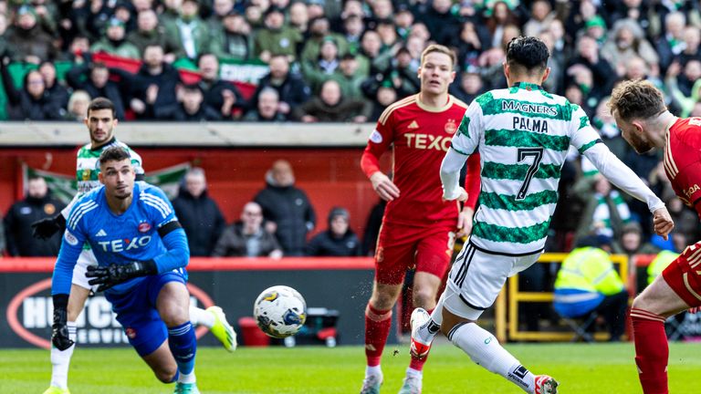  Celtic's Luis Palma scores before his goal is ruled as offside by VAR 