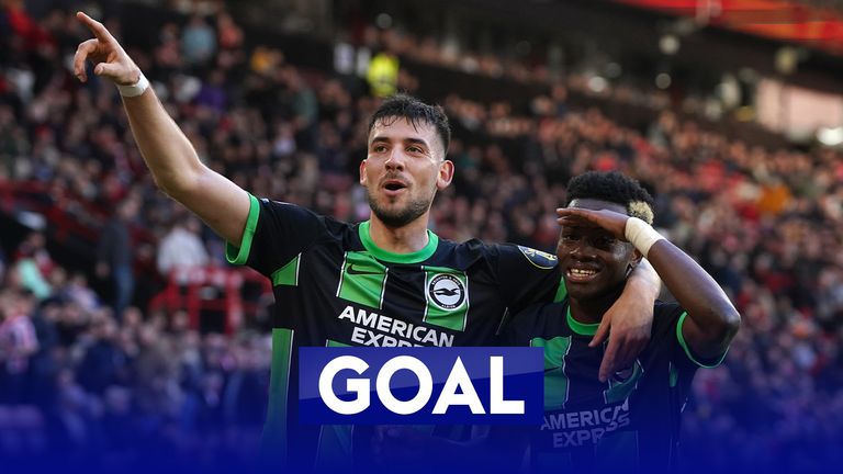 Brighton and Hove Albion's Simon Adingra (right) celebrates scoring their side's fifth