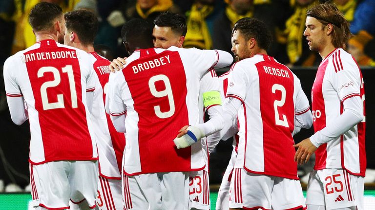 Ajax players celebrate their side's first goal of the game during the Europa Conference League football match between Bodo Glimt and Ajax at the Aspmyra stadium in Bodo, Norway, Thursday Feb. 22, 2024. (Mats Torbergsen/NTB Scanpix via AP)