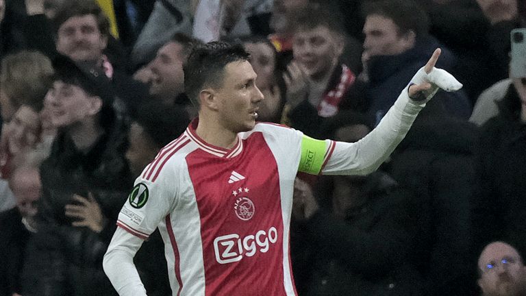 Ajax's Steven Berghuis reacts after scoring his side's second goal during the Europa Conference League knockout round play-off first leg soccer match between Ajax and Bodo Glimt in Amsterdam, the Netherlands, Thursday, Feb. 15, 2024. (AP Photo/Patrick Post)