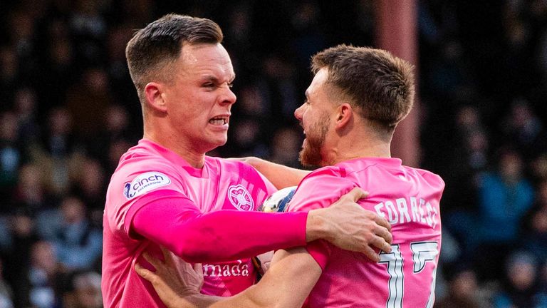DUNDEE, SCOTLAND - FEBRUARY 03: Hearts' Alan Forrest celebrates with Lawrence Shankland as he scores to make it 1-1 during a cinch Premiership match between Dundee and Heart of Midlothian at the Scot Foam Stadium at Dens Park, on February 03, 2024, in Dundee, Scotland. (Photo by Sammy Turner / SNS Group)