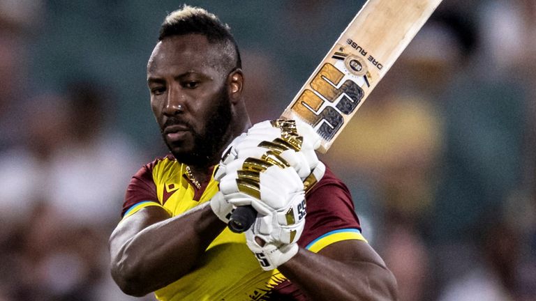 ADELAIDE, AUSTRALIA - FEBRUARY 11: Andre Russell of West Indies bats during the second match of the T20 International Series between Australia and West Indies at the Adelaide Oval on February 11, 2024 in Adelaide, Australia. (Photo by Santanu Banik/Speed Media/Icon Sportswire) (Icon Sportswire via AP Images)