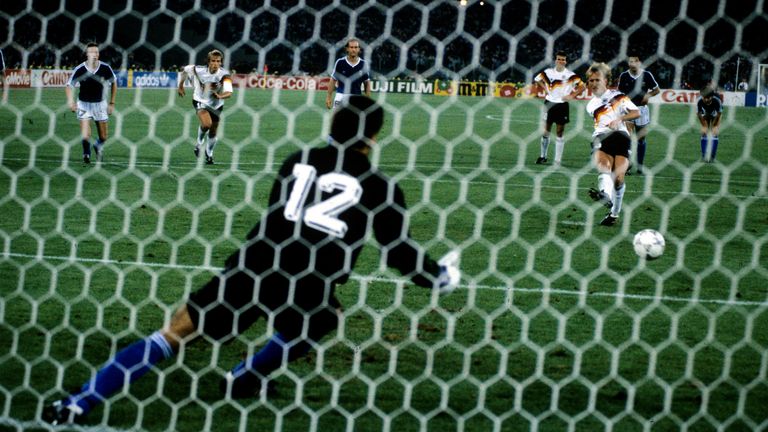 Andreas Brehme scores the winning goal for Germany in the 1990 World Cup final.