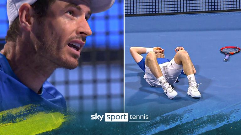 Andy Murray falls during a rally in the Qatar Open