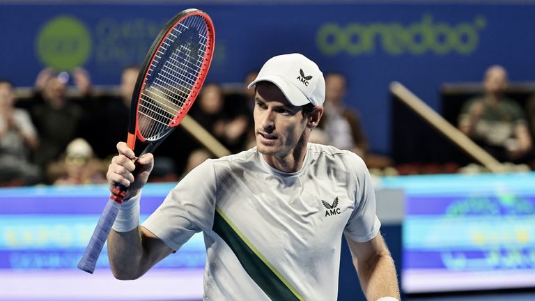 Andy Murray of United Kingdom competes with Jiri Lehecka of Czechia during men's single semi-final match of Dubai Duty Free Tennis Championship in Dubai, United Arab Emirates on February 24, 2023. (Photo by Mohammed Dabbous/Anadolu Agency via Getty Images)