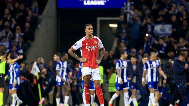 Arsenal's Gabriel looks shocked as Porto grabbed a late winner