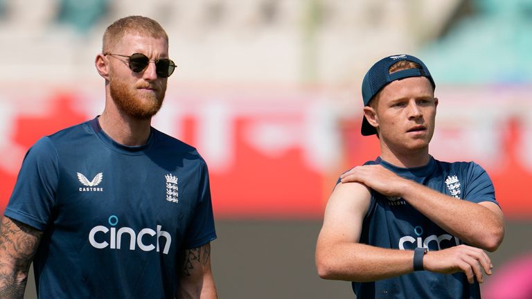 England's captain Ben Stokes, right, with Ollie Pope, return after inspecting the pitch a day ahead their second test match against India, in Visakhapatnam, India, Thursday, Feb. 1, 2024. (AP Photo/Manish Swarup)