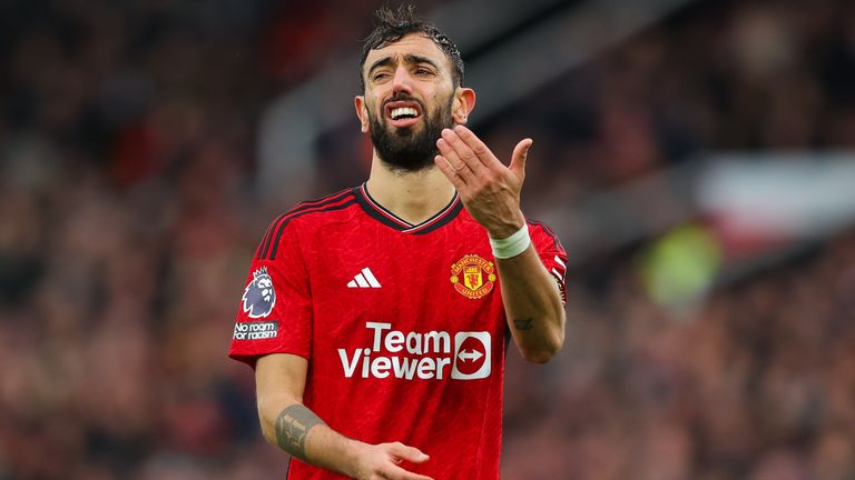 Bruno Fernandes of Manchester United looks dejected during the Premier League match between Manchester United and Fulham FC at Old Trafford on February 24, 2024 in Manchester, England. 