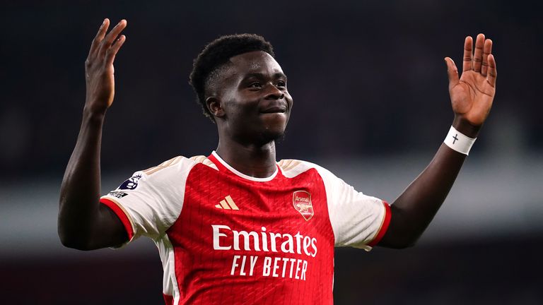 Bukayo Saka celebrates after scoring Arsenal's third goal in their defeat of Newcastle