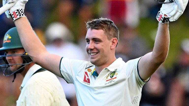 Australia's Cameron Green celebrates his century against New Zealand (Associated Press)