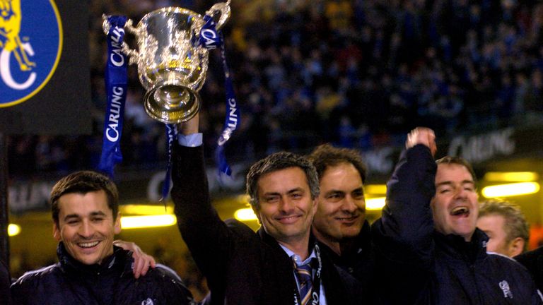 File photo dated 27-02-2005 of Chelsea manager Jose Mourinho holding the Carling Cup. Chelsea lifted their first silverware under Jose Mourinho at the Millennium Stadium in Cardiff, which hosted English cup finals between 2001 to 2006 while the new Wembley was being built. Liverpool opened the scoring inside the first minute of the game after John Arne Riise volleyed home a cross from Fernando Morientes. Issue date: Wednesday February 21, 2024.