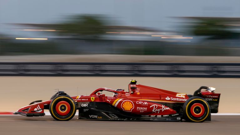 Ferrari driver Carlos Sainz of Spain steers his car for a Formula One pre season test at the Bahrain International Circuit in Sakhir, Bahrain, Thursday, Feb. 22, 2024. (AP Photo/Darko Bandic)