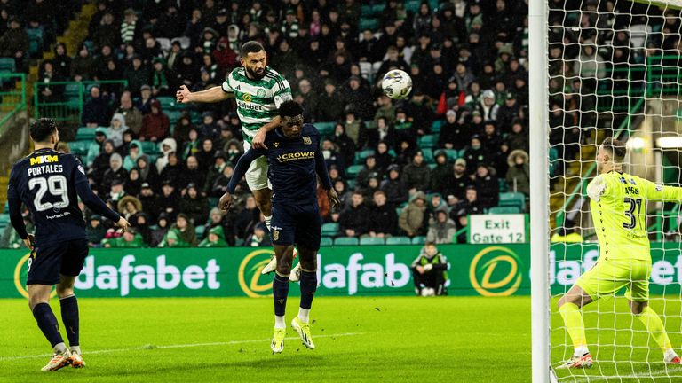 Celtic's Cameron Carter-Vickers scores to make it 1-0 during a cinch Premiership match between Celtic and Dundee