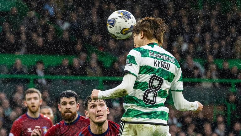 GLASGOW, SCOTLAND - FEBRUARY 17: Celtic's Kyogo Furuhashi scores to make it 1-0 during a cinch Premiership match between Celtic and Kilmarnock at Celtic Park, on February 17, 2024, in Glasgow, Scotland. (Photo by Craig Foy / SNS Group)