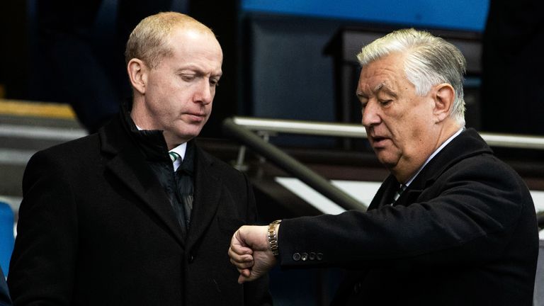 KILMARNOCK, SCOTLAND - DECEMBER 10: Celtic CEO, Michael Nicholson and non-executive Chairman Peter Lawwell during a cinch Premiership match between Kilmarnock and Celtic at Rugby Park, on December 10, 2023, in Kilmarnock, Scotland. (Photo by Alan Harvey / SNS Group)