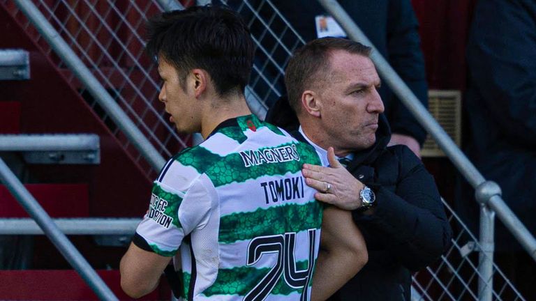 MOTHERWELL, SCOTLAND - FEBRUARY 25: Celtic's Tomoki Iwata with Brendan Rodgers after being subbed off during a cinch Premiership match between Motherwell and Celtic at Fir Park, on February 25, 2024, in Motherwell, Scotland. (Photo by Craig Foy / SNS Group)