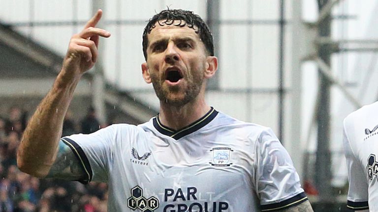 Robbie Brady celebrates after scoring for Preston against Blackburn