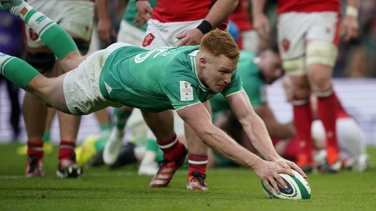 Ireland's Ciaran Frawley scores his side's third try