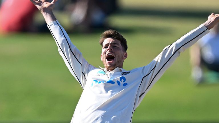 New Zealand's Mitch Santner appeals successfully for a LBW decision to dismiss South Africa's Tshepo Moreki as Ruan de Swardt, right, watches, on day four of the first cricket test between New Zealand and South Africa at Bay Oval, Mt Maunganui, New Zealand, Wednesday, Feb. 7, 2024. (Photo: Andrew Cornaga/Photosport via AP)