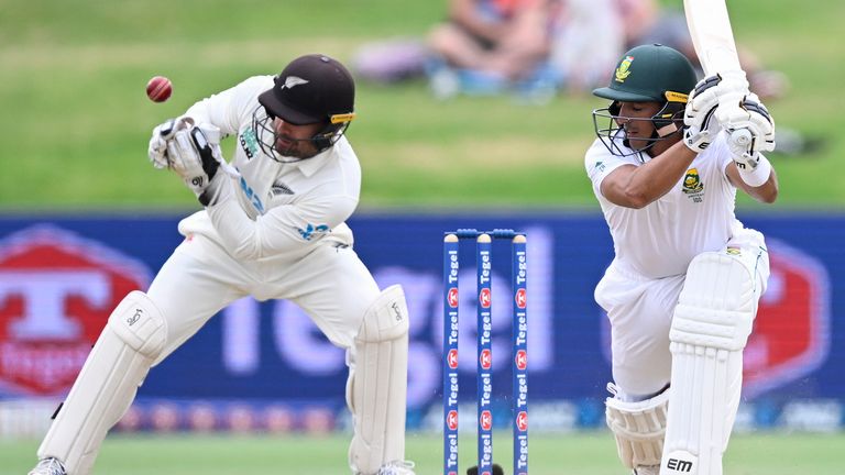 Zubayr Hamza of South Africa bats as New Zealand wicketkeeper Tom Blundell attempts to catch the ball on day four of the first cricket test between New Zealand and South Africa at Bay Oval, Mt Maunganui, New Zealand, Wednesday, Feb. 7, 2024. (Photo: Andrew Cornaga/Photosport via AP)