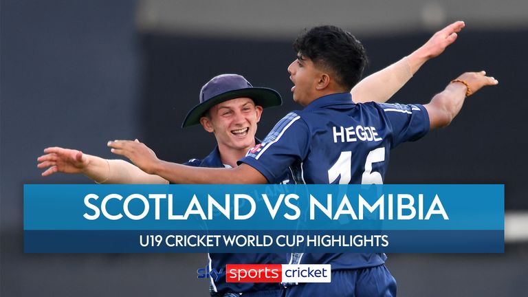 BENONI, SOUTH AFRICA - FEBRUARY 01: Adi Hegde of Scotland celebrates the wicket of Johannes Visagie of Namibia during the ICC U19 Men's Cricket World Cup South Africa 2024 13th to 16th Place Play-off match between Scotland and Namibia at Willowmoore Park on February 01, 2024 in Benoni, South Africa. (Photo by Lee Warren-ICC/ICC via Getty Images)