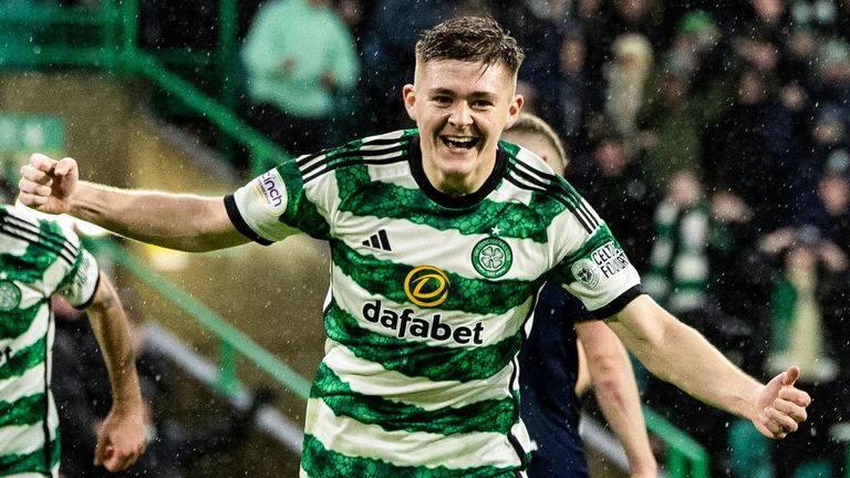 Celtic's Daniel Kelly celebrates after scoring to make it 7-0 during a cinch Premiership match between Celtic and Dundee