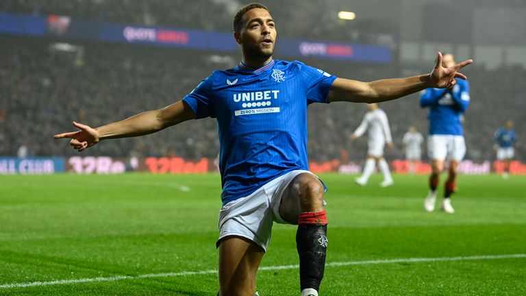 GLASGOW, SCOTLAND - FEBRUARY 14: Rangers' Cyriel Dessers celebrates after scoring to make it 1-0 during a cinch Premiership match between Rangers and Ross County at Ibrox Stadium, on February 14, 2024, in Glasgow, Scotland.  (Photo by Rob Casey / SNS Group)