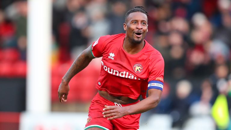 Donervon Daniels of Walsall is celebrating after scoring his team's first goal during the Sky Bet League 2 match between Walsall and Sutton United at the Banks's Stadium in Walsall, on January 27, 2024. (Photo by MI News/NurPhoto)