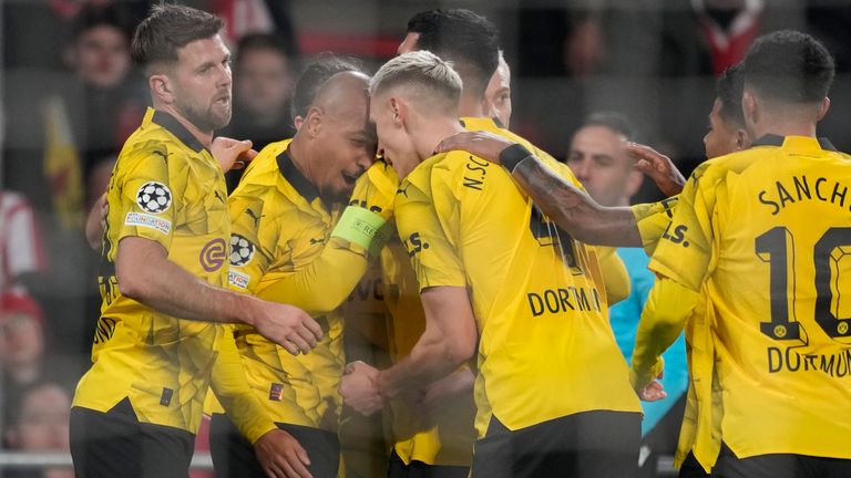 Donyell Malen celebrates giving Dortmund the lead at former club PSV