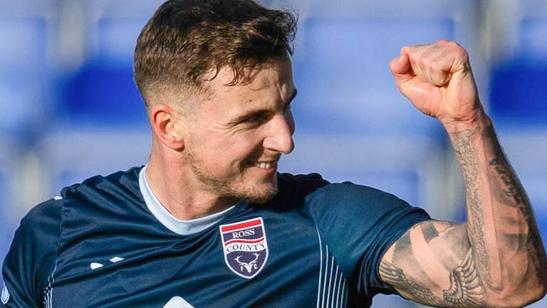 DINGWALL, SCOTLAND - FEBRUARY 24: Ross County's Eamonn Brophy celebrates scoring to make it 1-0 during a cinch Premiership match between Ross County and Livingston at the Global Energy Stadium, on February 24, 2024, in Dingwall, Scotland. (Photo by Mark Scates / SNS Group)