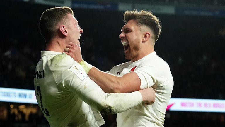 England's Fraser Dingwall celebrates scoring a try with Henry Slade during the Guinness Six Nations match at Twickenham Stadium, London. Picture date: Saturday February 10, 2024.
